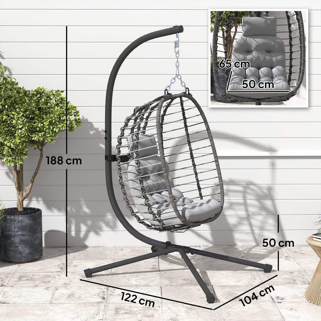 Fauteuil suspendu pliable en résine tressée avec support, coussin et oreiller hauteur réglable, gris