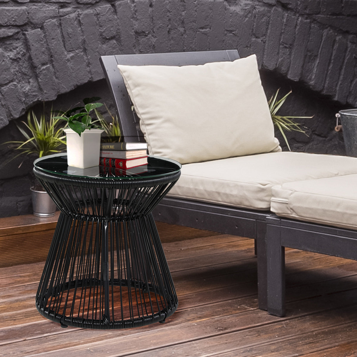 Table de jardin ronde en résine tressée imitation rotin table de bistrot métal plateau verre trempé Ø 40 x 42 cm noir