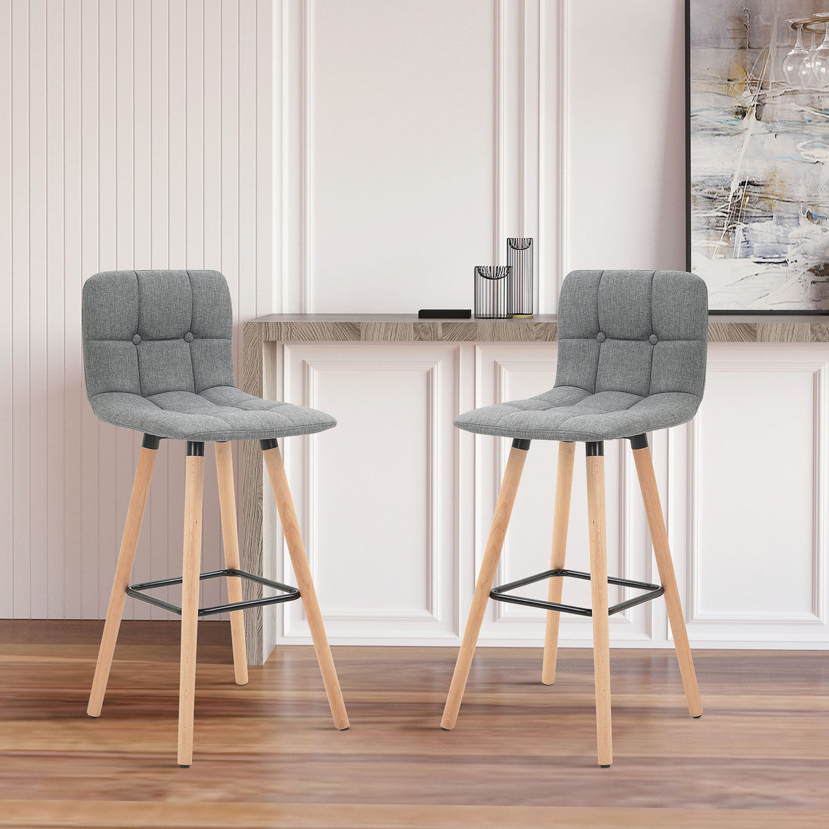 Lot de 2 tabourets de bar, chaises de bar capitonnées avec dossier et repose-pieds, pieds en bois, 41,5x47x97,5cm, gris