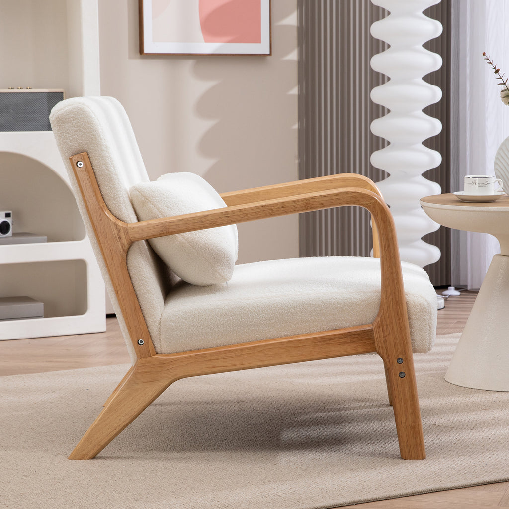 Fauteuil lounge - 3 coussins inclus - assise profonde - accoudoirs - structure bois hévéa - aspect velours crème