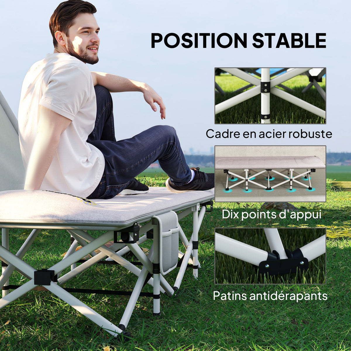 Lit de camping pliable avec matelas transat chaise longue sac de rangement intégrée dim. 185L x 65l x 37H cm gris