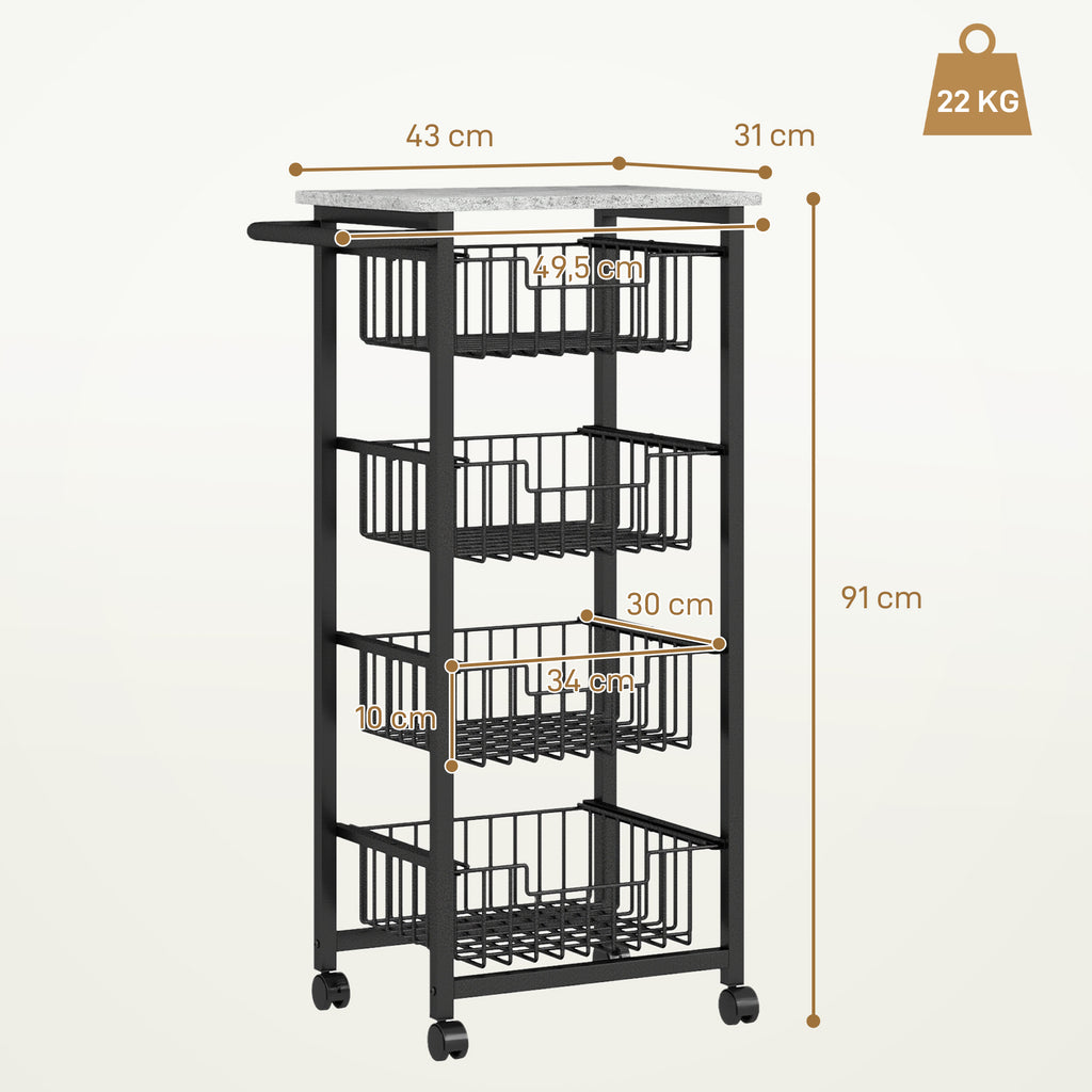 Desserte cuisine 4 niveaux chariot de service sur roulettes plan de travail cadre en acier 49,5 x 31 x 91 cm gris clair