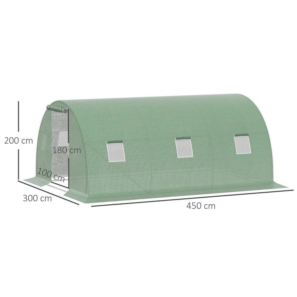 Serre de jardin tunnel 13,5 m² 6 fenêtres porte zippée enroulable châssis acier galvanisé bâche PE 4,5 x 3 x 2 m vert
