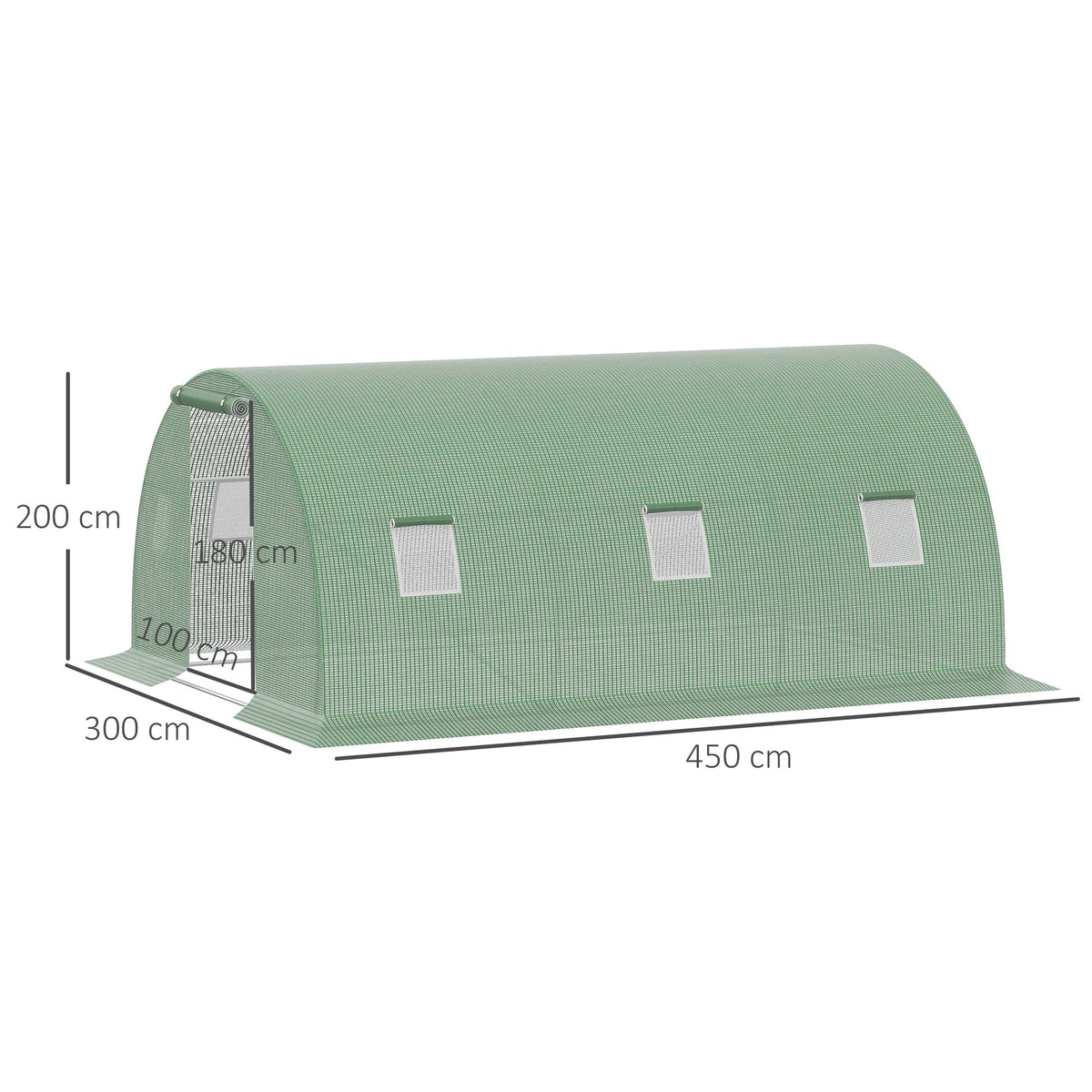 Serre de jardin tunnel 13,5 m² 6 fenêtres porte zippée enroulable châssis acier galvanisé bâche PE 4,5 x 3 x 2 m vert
