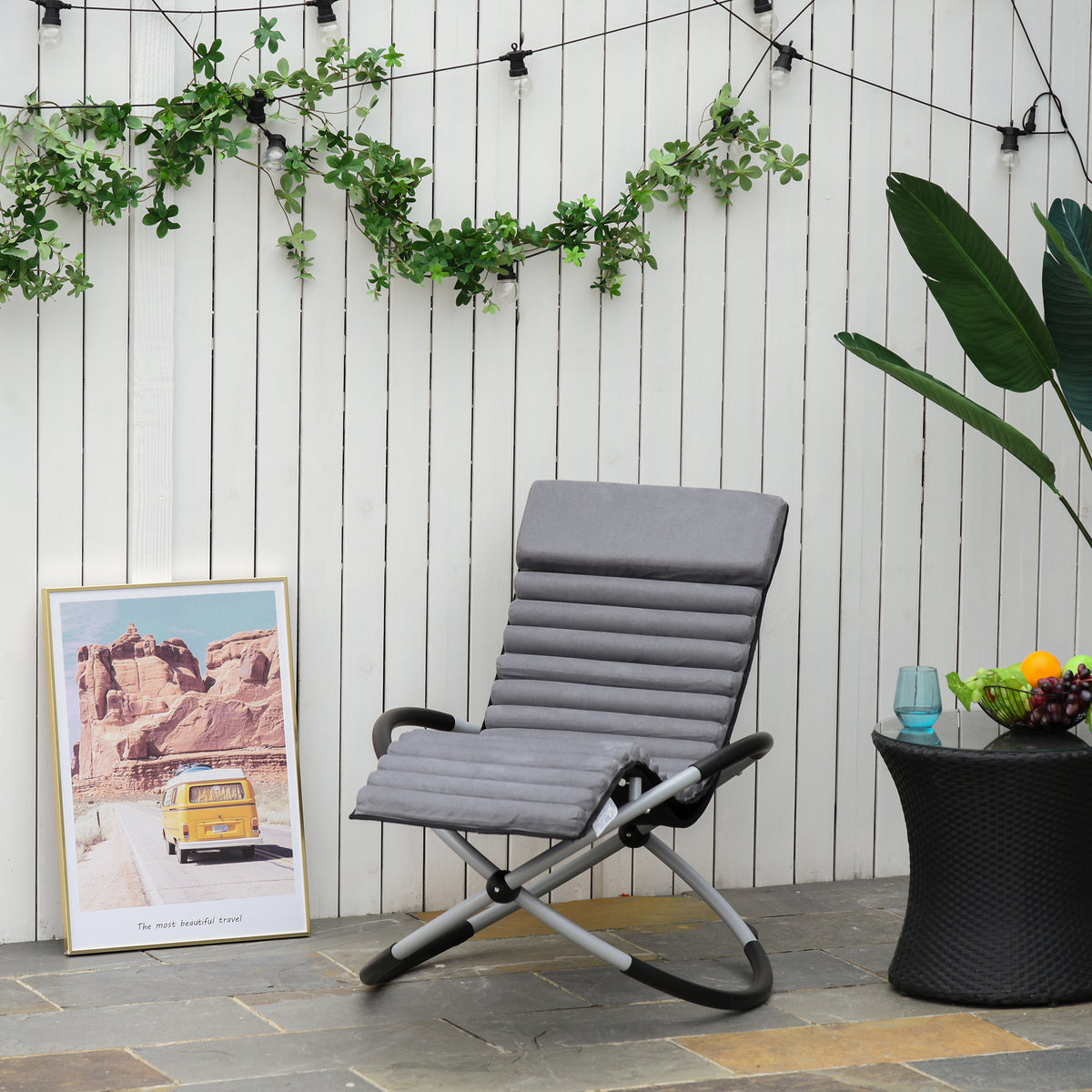 Chaise Longue à Bascule Pliable Rocking Chair avec Matelas revêtement Aspect Daim métal textilène Gris Noir