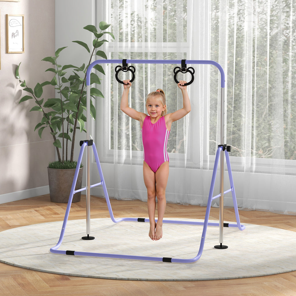 Barre de gymnastique pour enfants, barre horizontale pliable à hauteur réglable avec anneaux de gymnastique, violet