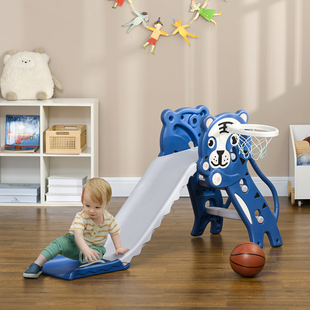 Toboggan pour enfants, toboggan intérieur pour enfants, avec panier de basket, thème tigre, de 18 à 36 mois, bleu