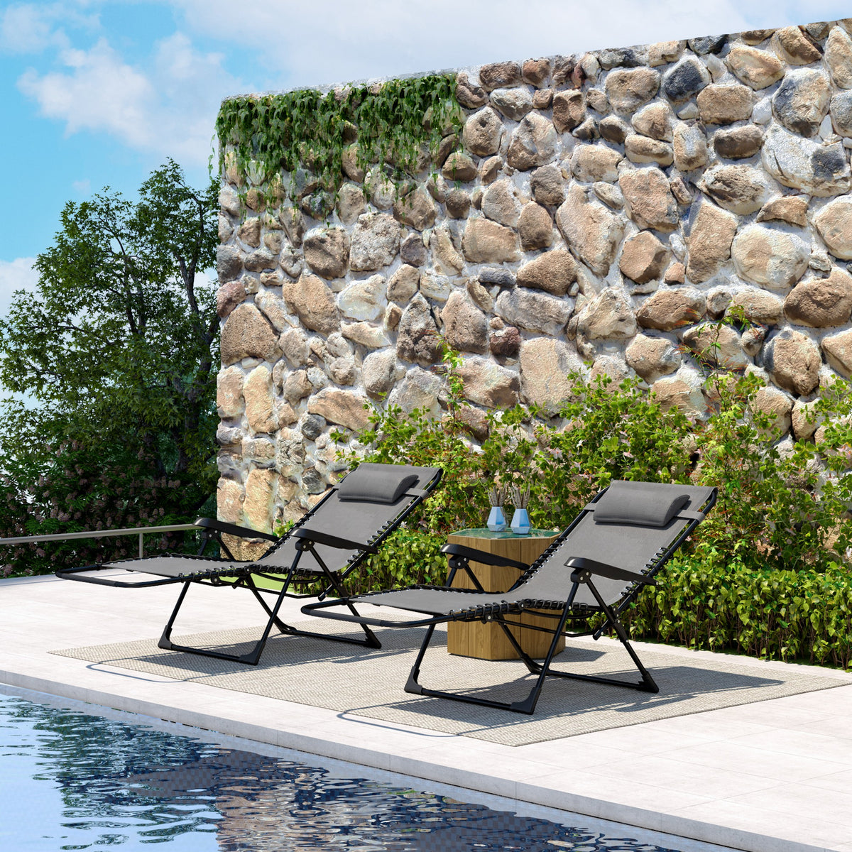 Lot de 2 bain de soleil, chaise longue pliante inclinable avec appuie-tête en textilène, 90 x 65 x 112 cm, gris