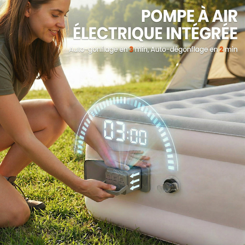 Matelas Gonflable, Pompe Électrique Intégrée, Surface Floqué , Imperméable 5000 mm, Sac Transport, 190x97x39cm, Kaki