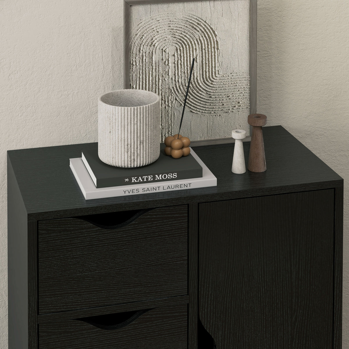 Meuble de rangement buffet commode 1 placard et 4 tiroirs, en bois, pour salon, cuisine, entrée, salle à manger, noir
