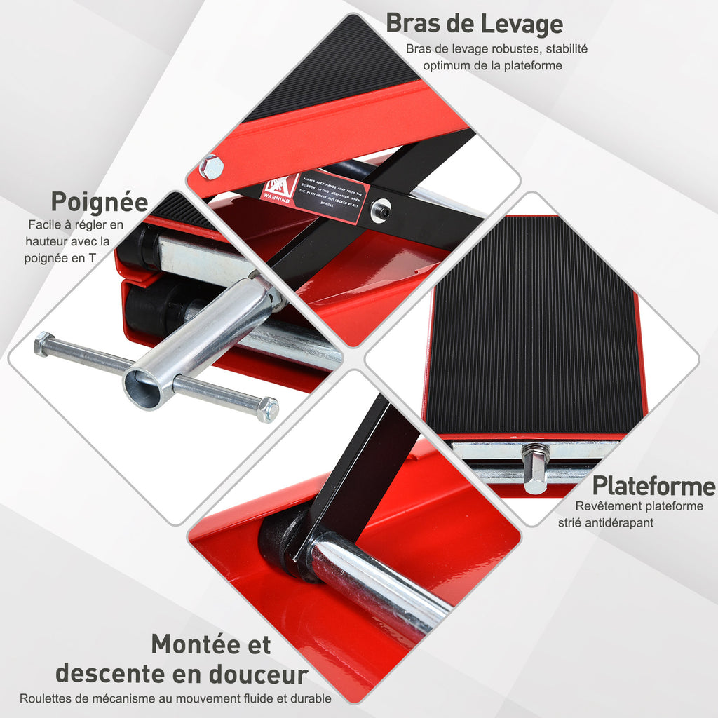 Cric de Moto à Ciseaux 500 kg, Hauteur de Levage 10-37 cm - Lève-Moto en Acier avec Plateforme Antidérapante - Béquille d'Atelier Tout-Terrain pour Entretien Atelier, Rouge