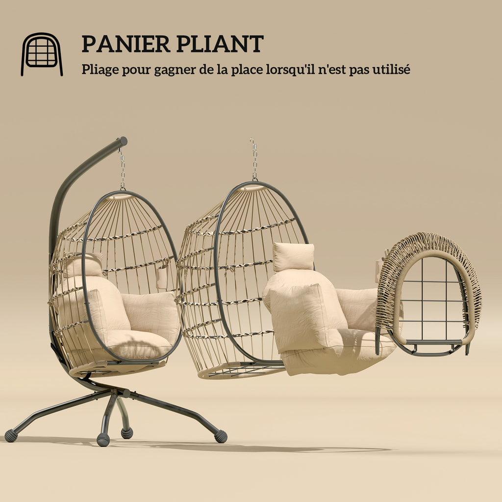 Fauteuil oeuf suspendu, intérieur et extérieur, panier pliable, coussin rembourré, cadre en acier, beige