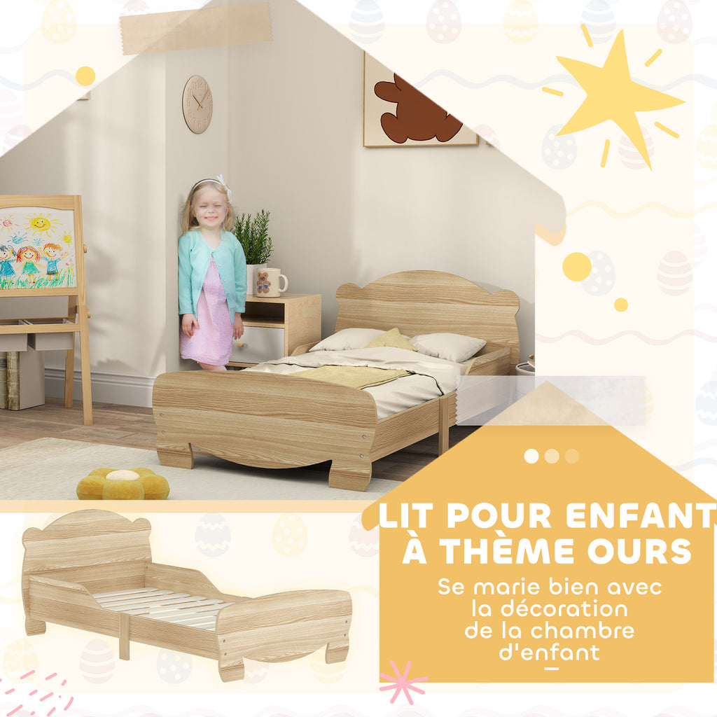Lit enfant 70x140 cm avec barrières de sécurité thème d'ours pour garçons, filles, âgés de 3 à 6 ans, bois naturel
