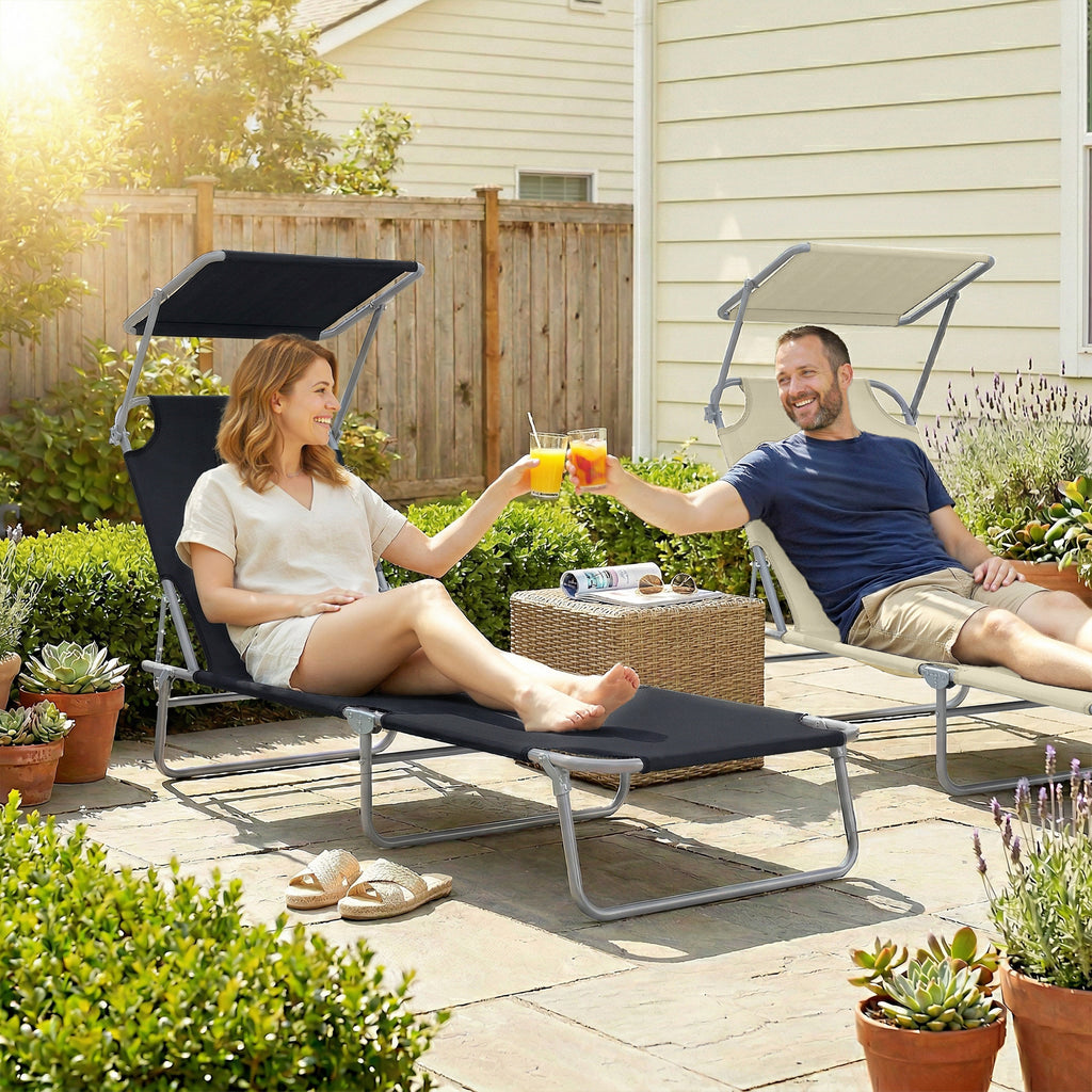 Transat Bain de Soleil Pliable Chaise Longue Pliante Grand Confort Dossier Inclinable Multi-positions et Pare-Soleil réglable Dim. 187L x 58l x 36H cm Noir