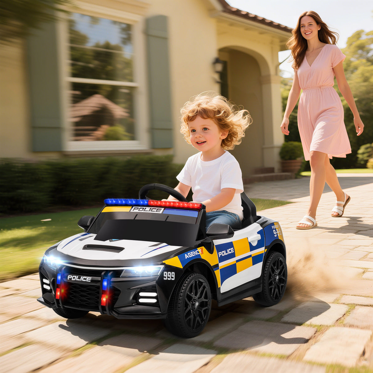 Voiture électrique de police enfant 12V, double moteur, télécommande, USB, MP3, musique & klaxon, multicolore