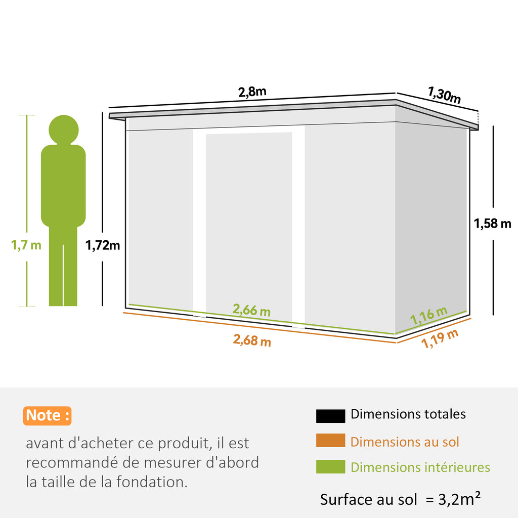 Abri de jardin en acier galvanisé XXL 3,6 m² avec kit de fondation 280 x 130 x 172 cm, cabane de jardin cabanon rangement outils avec portes coulissantes verrouillables aérations, noir