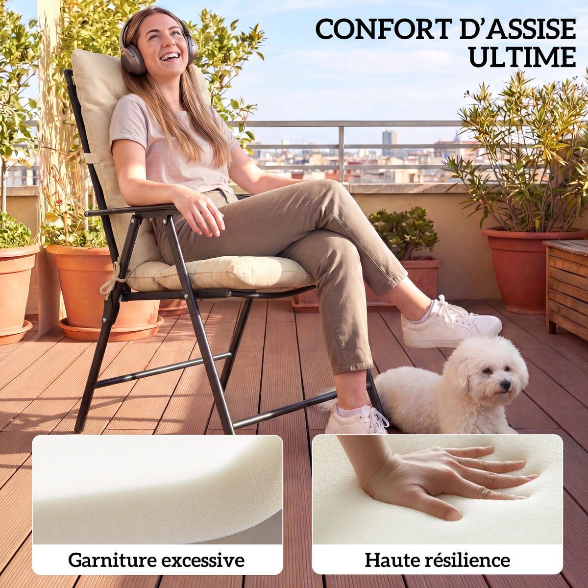 Lot de 2 coussins de chaise d'extérieur, coussins de jardin avec attaches, intérieur et extérieur, 120 x 50 x 8 cm, beige