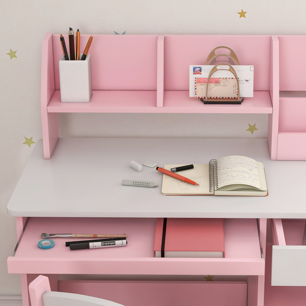Bureau enfant avec chaise ergonomique avec clavier coulissant tiroir niches et étagères ouvertes 90 x 45 x 90 cm rose