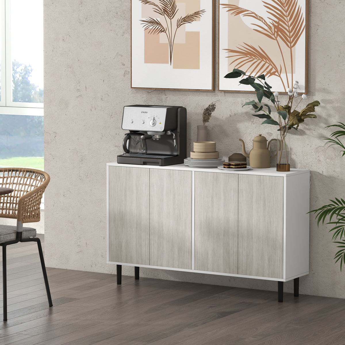 Buffet de cuisine meuble de rangement 2 placards avec étagères réglables, 121 x 37 x 75 cm, blanc et aspect bois gris