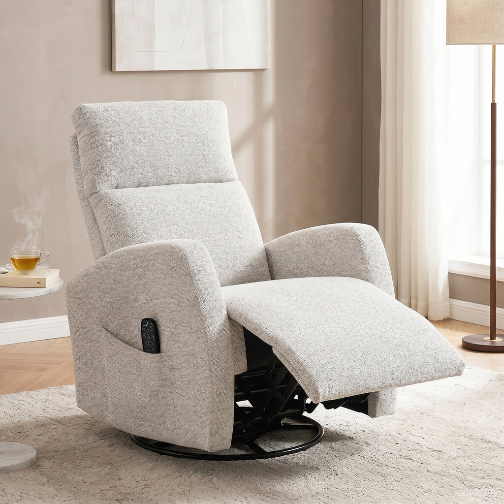 Fauteuil inclinable de massage et chauffage, fauteuil de relaxation en chenille, dossier réglable, pivotant 360°, crème