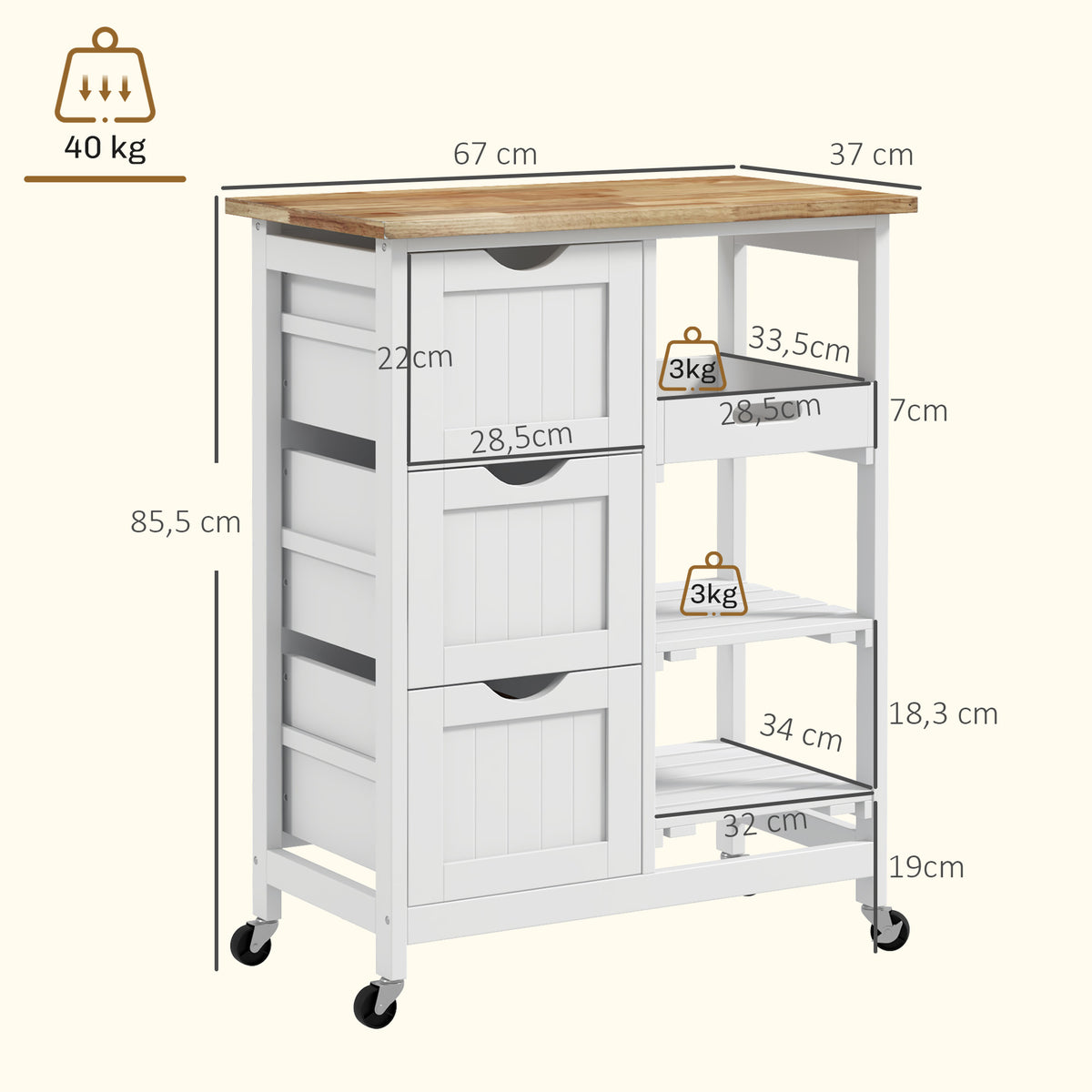 Chariot desserte de cuisine à roulettes plan de travail en bois 3 tiroirs + 1 plateau amovible 67 x 37 x 85,5 cm blanc