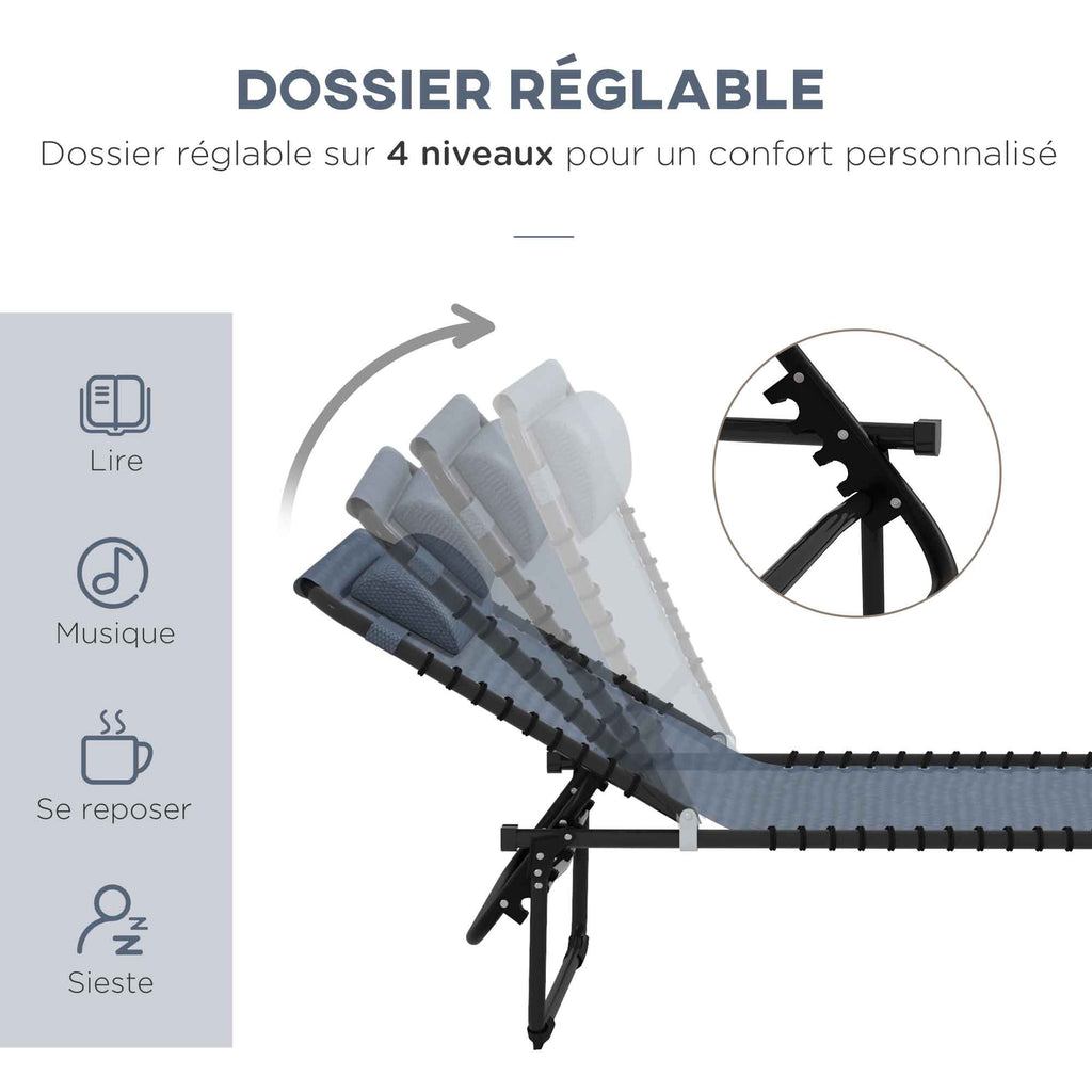 Bain de Soleil transat Pliable Dossier inclinable Multi-Positions Acier thermoplastique Lacets élastiques Noir