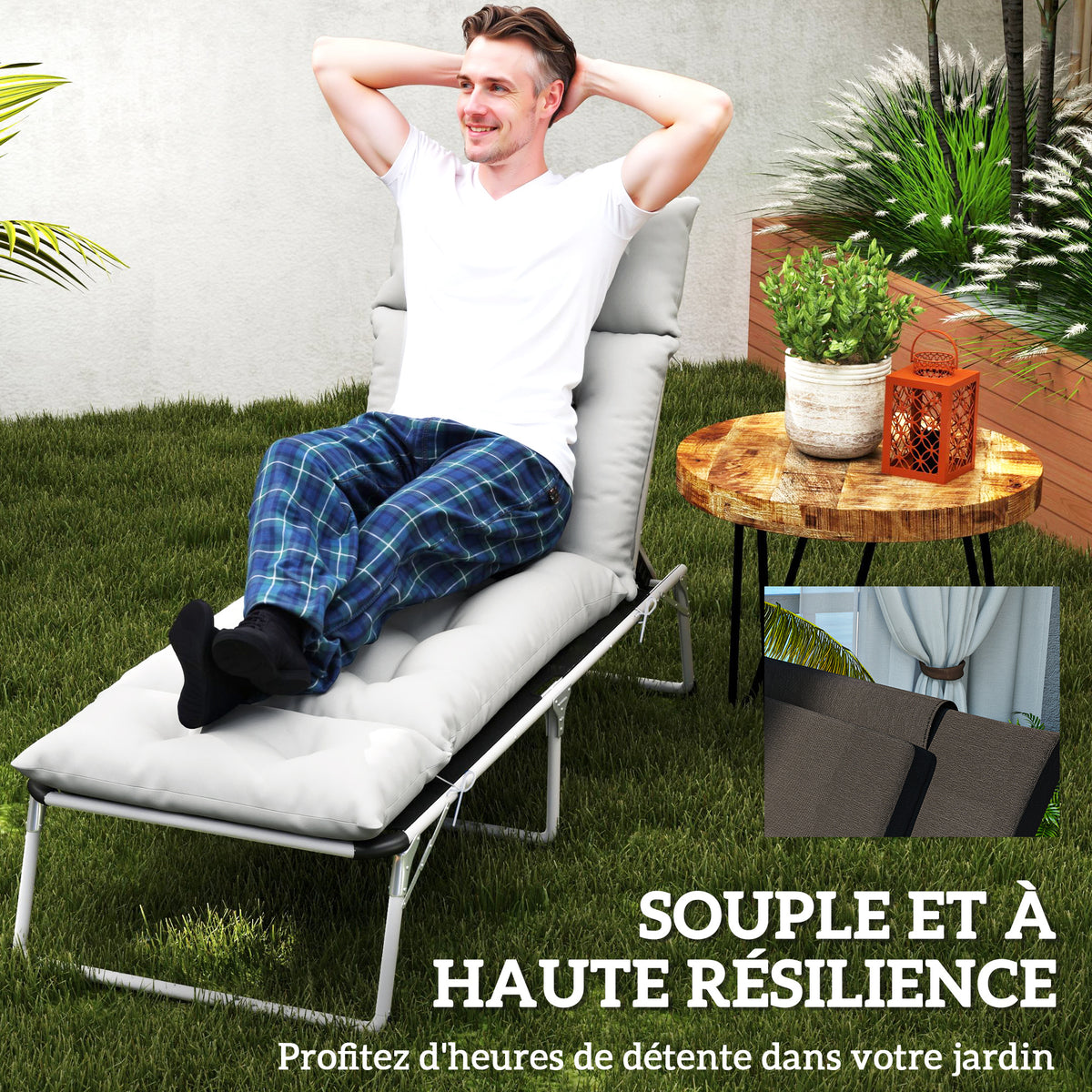 Coussin bain de soleil épais coussin chaise longue 190 x 56 x 10 cm, UPF20+, matelas transat six attaches, gris clair