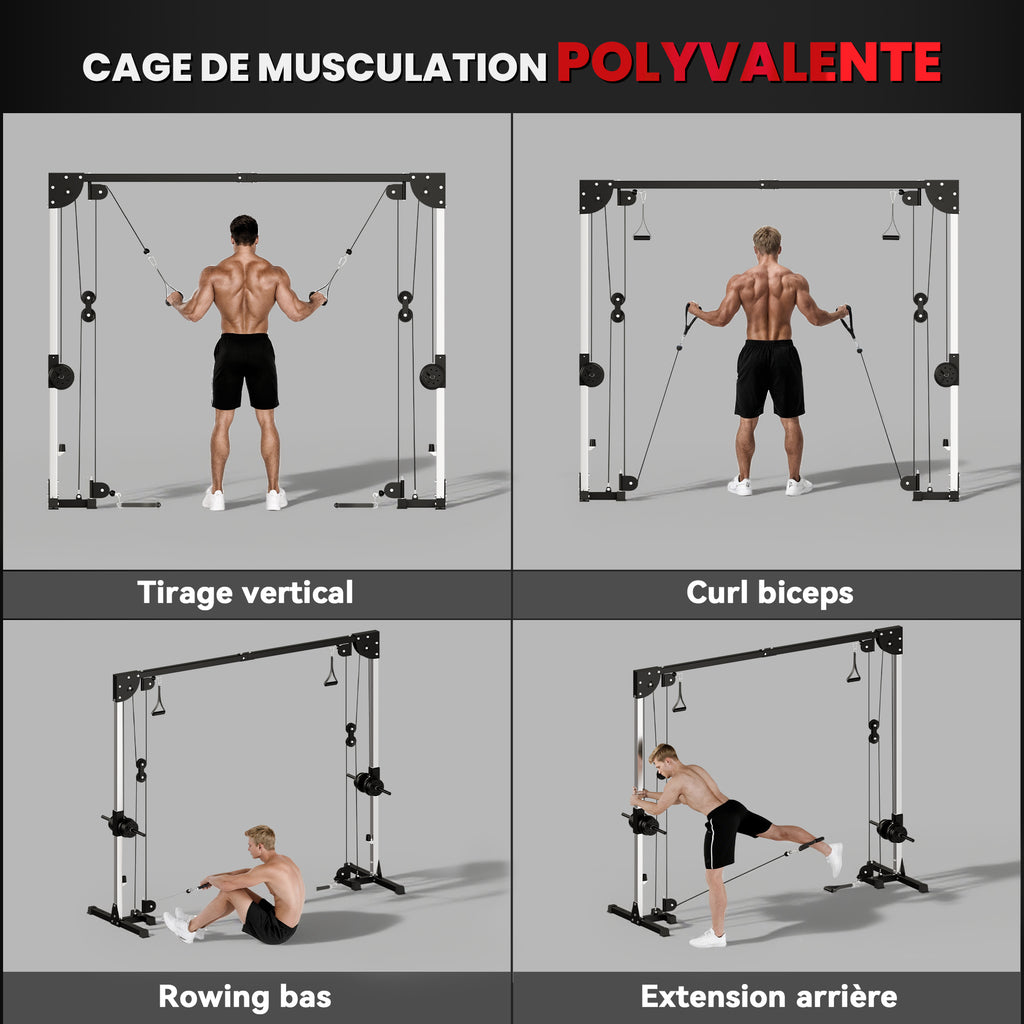 Appareil de musculation double poulie vis à vis crossover, charge libre avec haltère 2 x 50kg dim. 245L x 85l x 207H cm