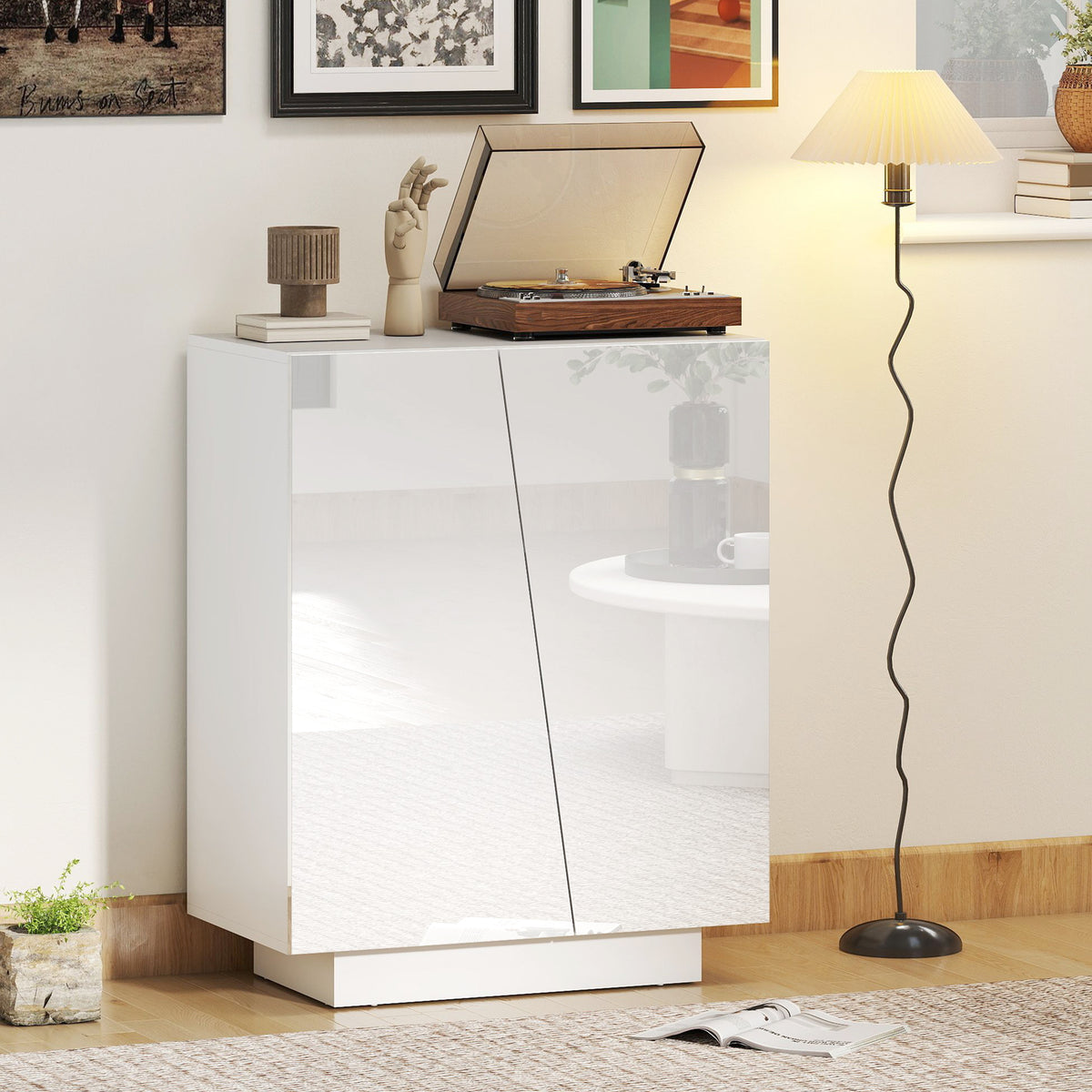 Buffet meuble de rangement avec placard double porte et étagère réglable, 70 x 40 x 88 cm, blanc brillant