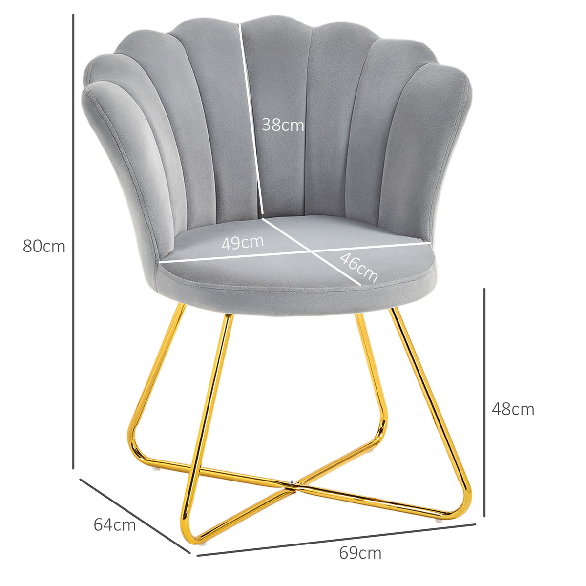 Fauteuil coquillage chaise coiffeuse fauteuil en velours fauteuil de salon avec pieds en acier 69 x 64 x 80 cm gris