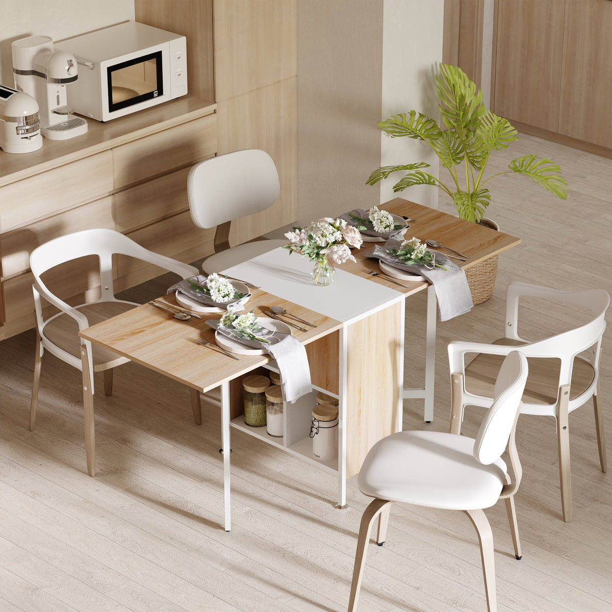 Table pliable de cuisine pour 4 personnes table à manger 4 niches intégrées pour petit espace dim. dépliées 169L x 62l x 75H cm MDF chêne clair acier blanc