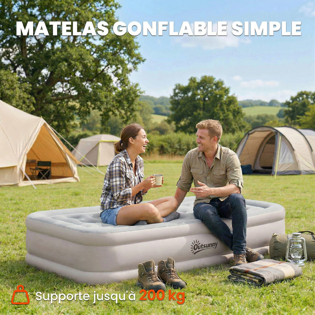 Matelas Gonflable, Pompe Électrique Intégrée, Surface Floqué , Imperméable 5000 mm, Sac Transport, 190x97x39cm, Kaki