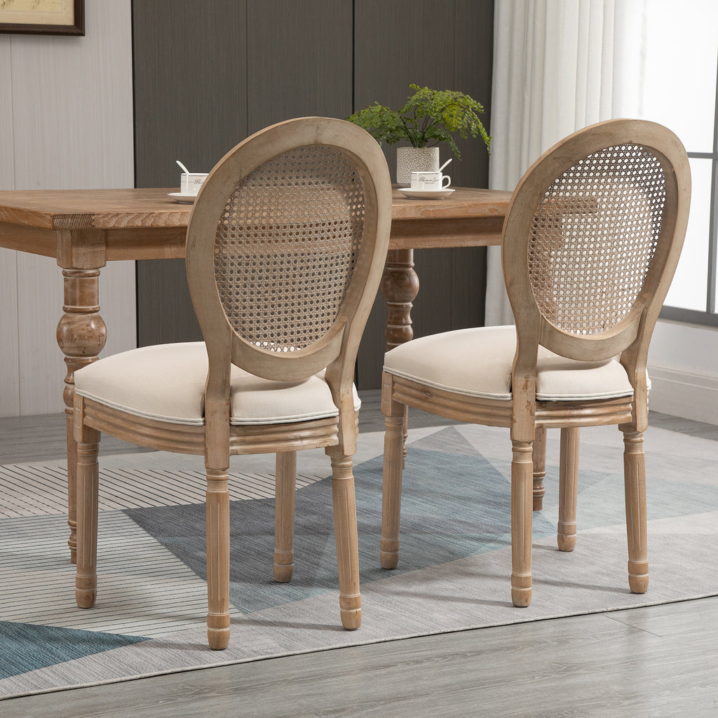 Lot de 2 chaises de Salle à Manger - Chaise de Salon médaillon Style Louis XVI - Bois Massif sculpté, patiné - Dossier cannage - Aspect Lin Crème