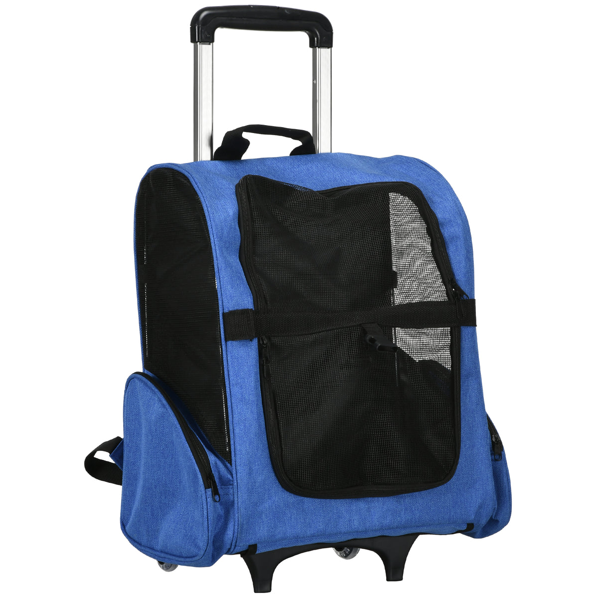 Sac de transport à roulettes pour chien 2 en 1 trolley chariot sac à dos pour chien chat avec poignée téléscopique, sacs de rangement, aérations, attache de sécurité, 42 x 25 x 55 cm, bleu