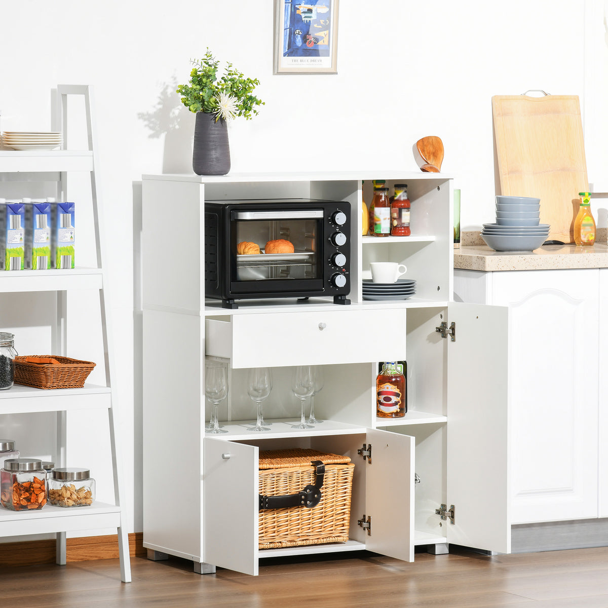 Meuble de micro-onde armoire cuisine meuble de rangement multi-rangements buffet avec 2 placards 4 niches tiroir coulissant dim. 90L x 40l x 120H cm en bois blanc