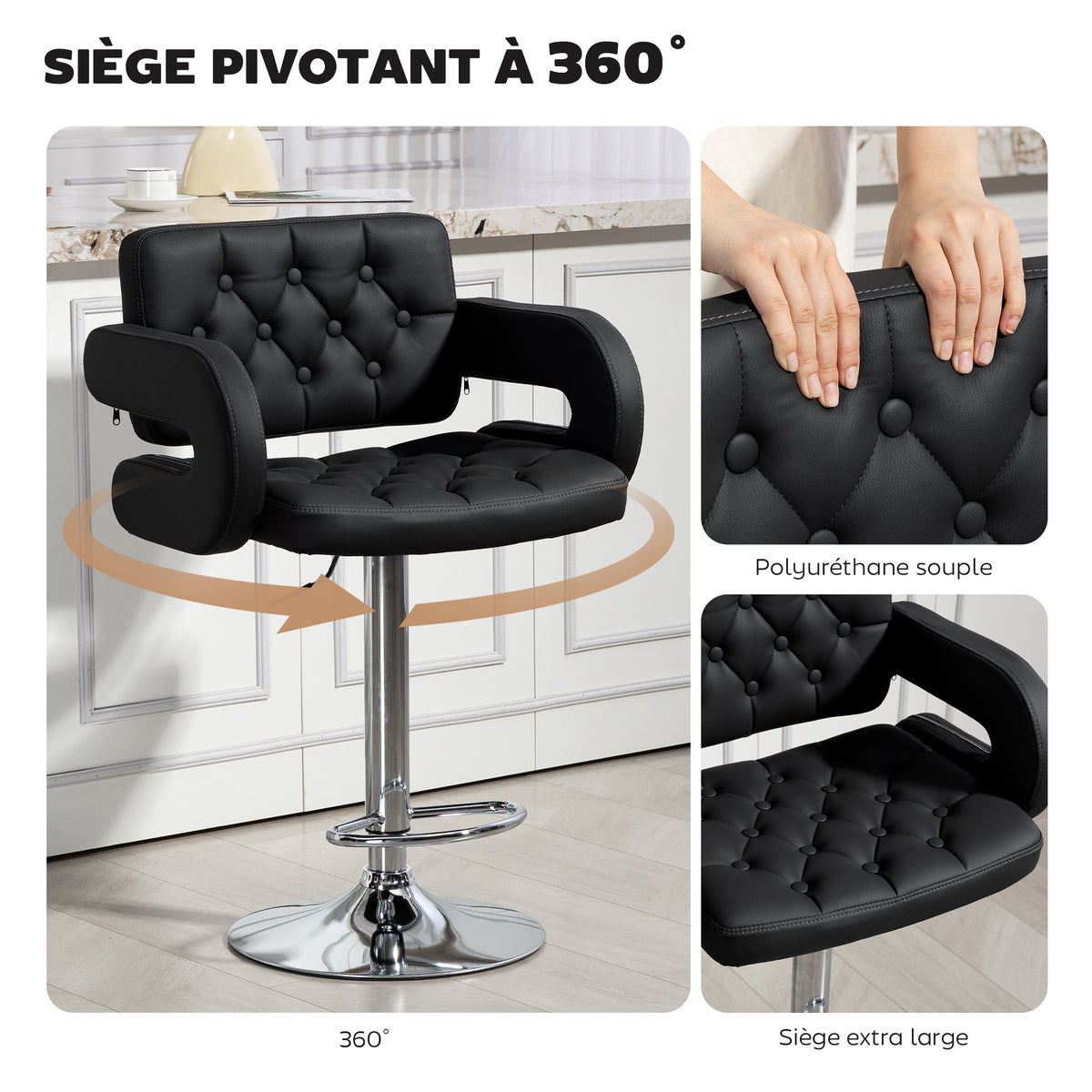Tabouret de bar pivotant chaise de bar réglable en hauteur avec dossier repose-pieds et accoudoirs 61x50x93-113cm noir