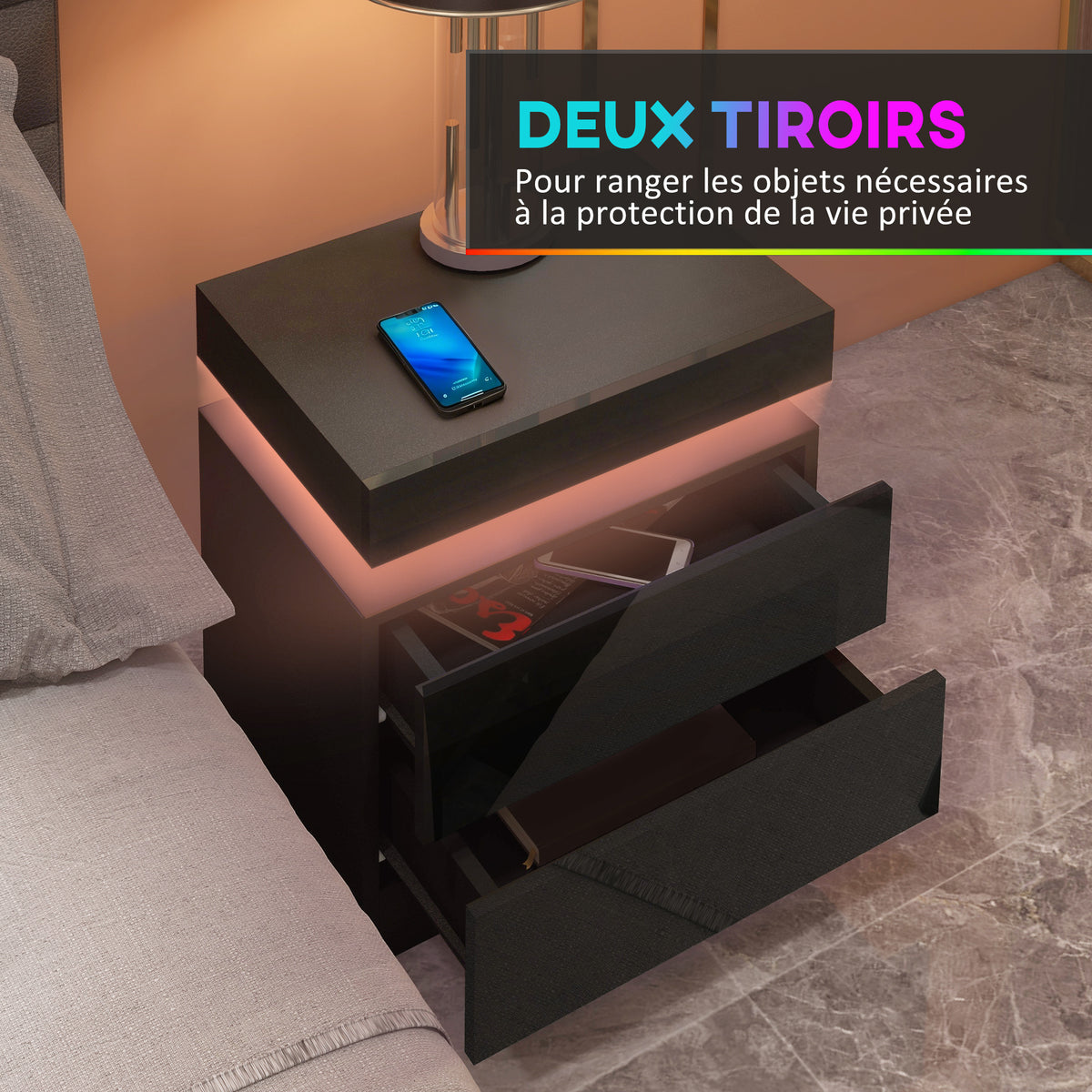 Table de chevet table de nuit lumière LED RVB panneau haute brillance avec 2 tiroirs pour salon chambre à coucher noir