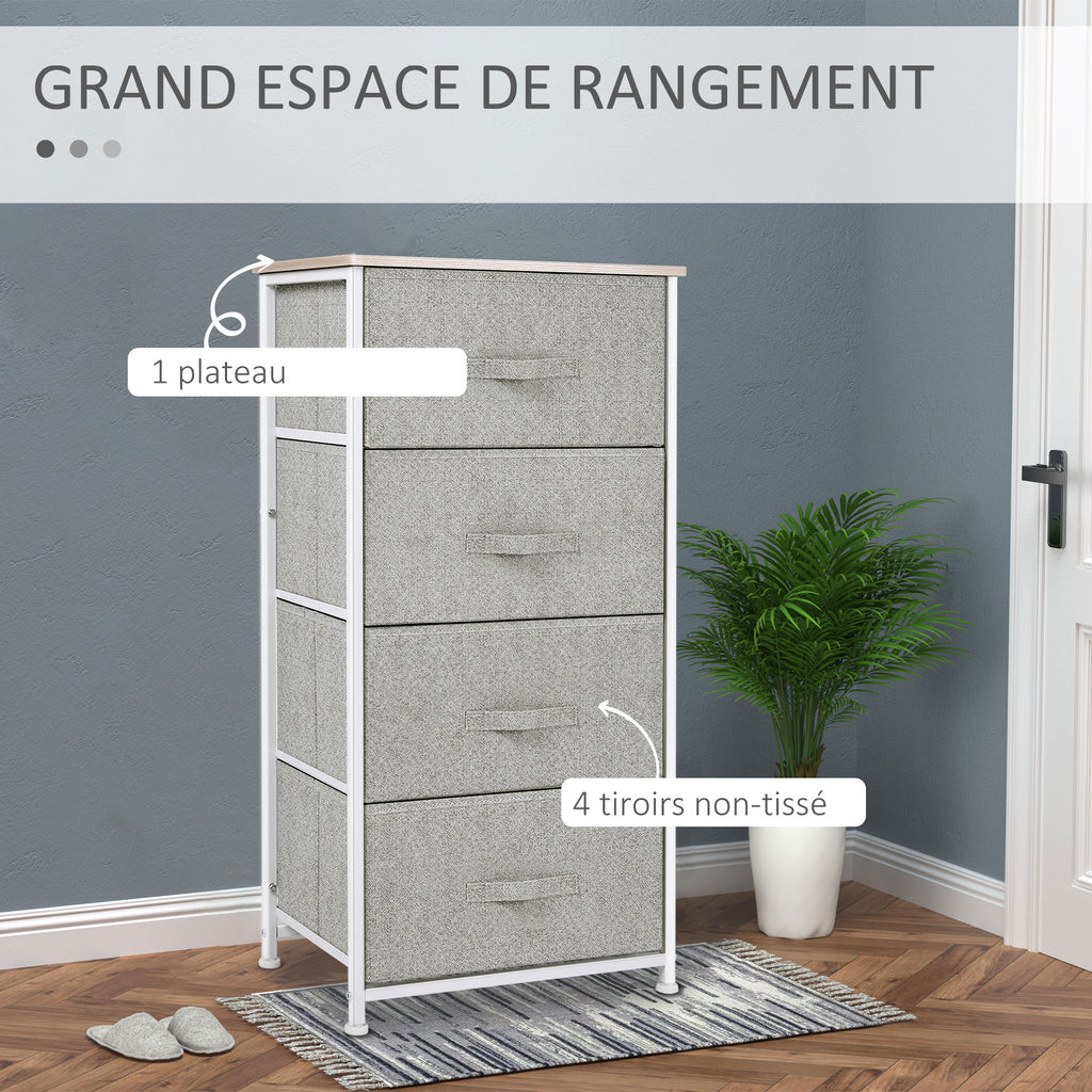 Commode en Tissu Meuble de Rangement 4 tiroirs chiffonnier dim. 45L x 30l x 92H cm Cadre en métal et non-tissé, blanc
