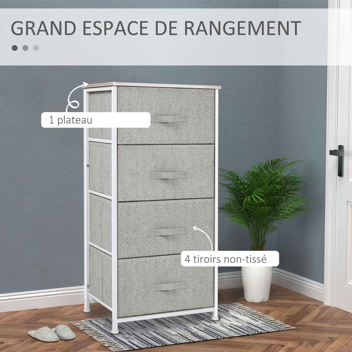 Commode en Tissu Meuble de Rangement 4 tiroirs chiffonnier dim. 45L x 30l x 92H cm Cadre en métal et non-tissé, blanc