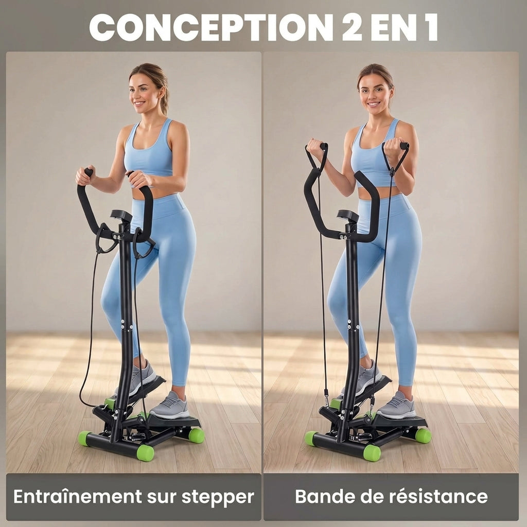 Stepper avec guidon, stepper de fitness avec écran LCD, pédales antidérapantes, marche d'escalier pour maison, bureau, salon, salle de sport, vert et noir