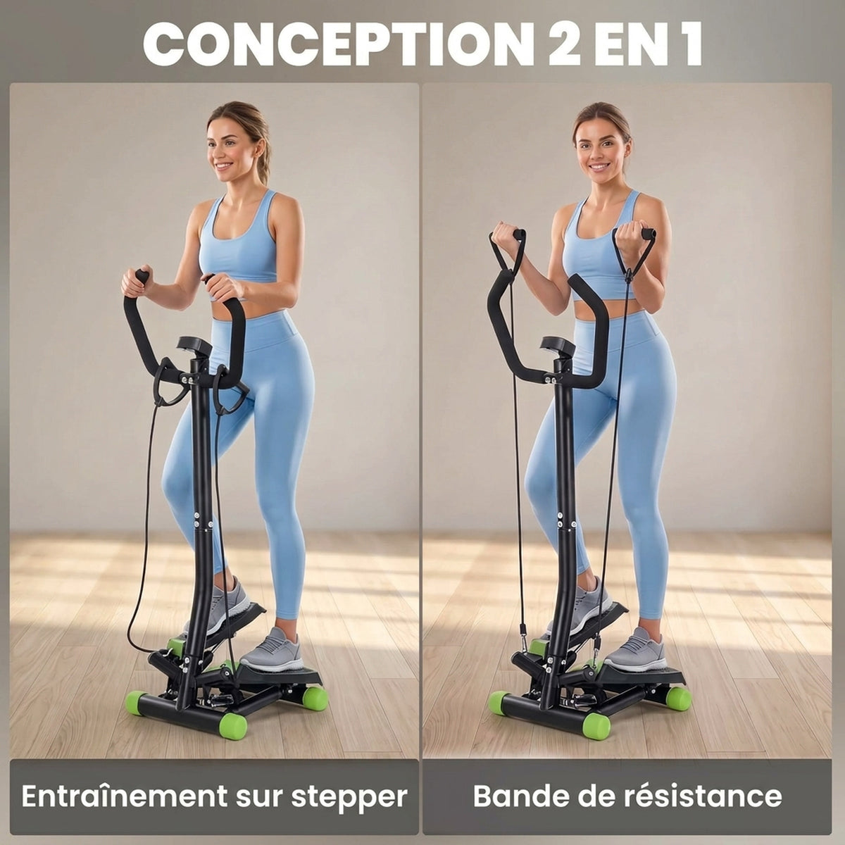 Stepper avec guidon, stepper de fitness avec écran LCD, pédales antidérapantes, marche d'escalier pour maison, bureau, salon, salle de sport, vert et noir