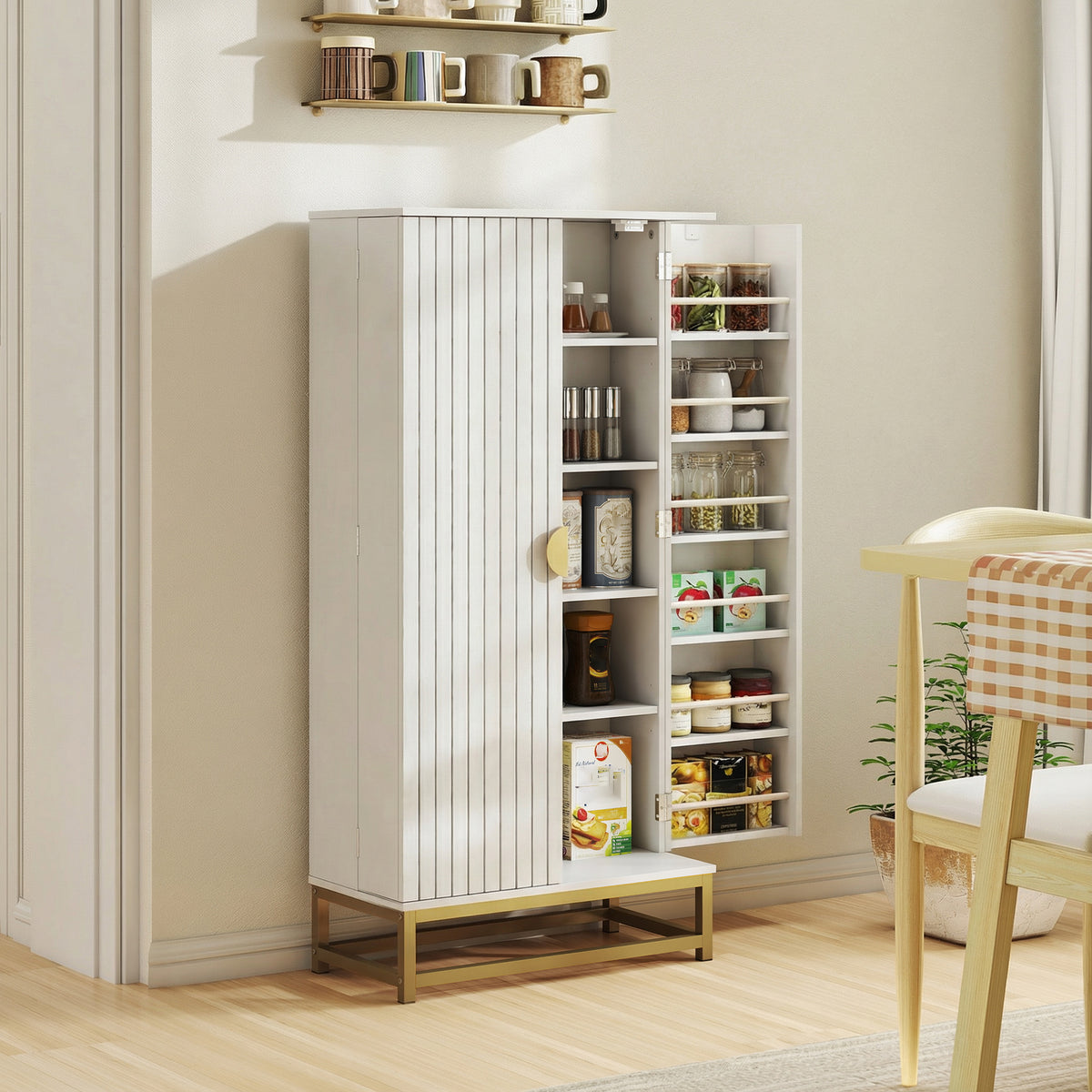 Armoire de cuisine meuble cuisine rangement avec 12 étagères à portes, étagères ajustables, 58x29x119,5cm, blanc