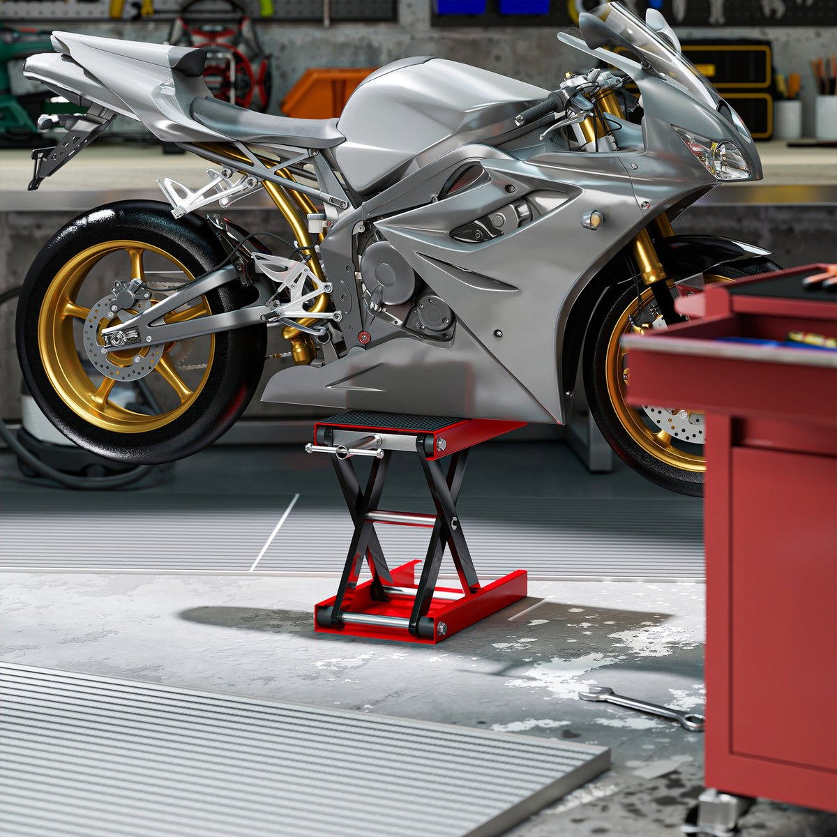 Cric de Moto à Ciseaux 500 kg, Hauteur de Levage 10-37 cm - Lève-Moto en Acier avec Plateforme Antidérapante - Béquille d'Atelier Tout-Terrain pour Entretien Atelier, Rouge