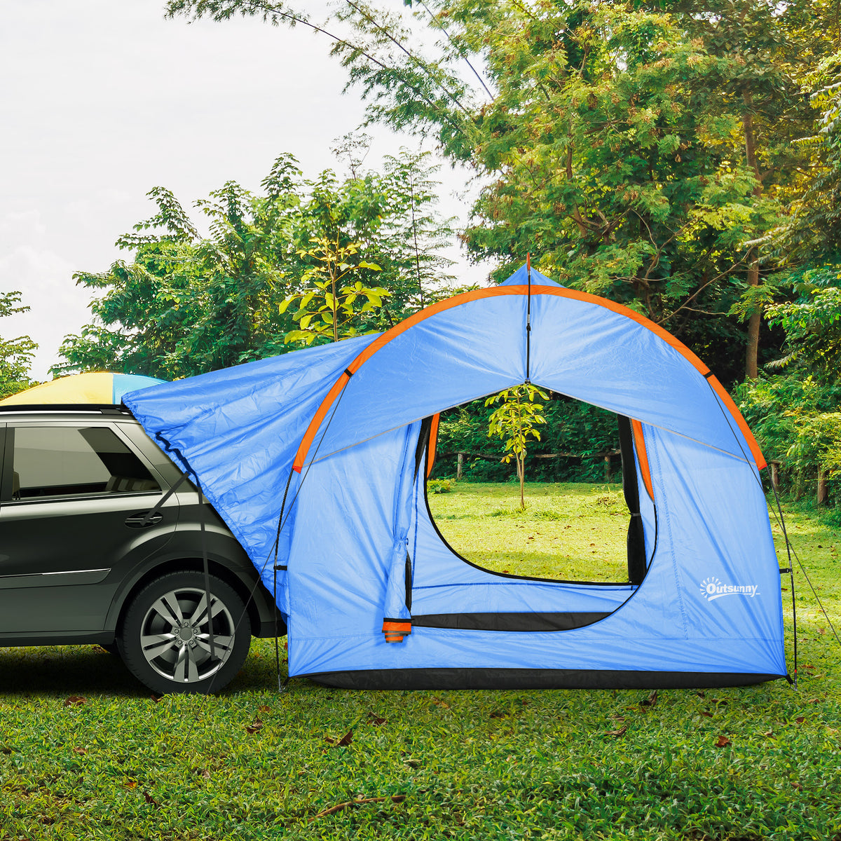 Tente de voiture pour SUV hayon 5-6 personnes avec 3 portes, fenêtre en maille, pour trekking, randonnée, bleu et orange