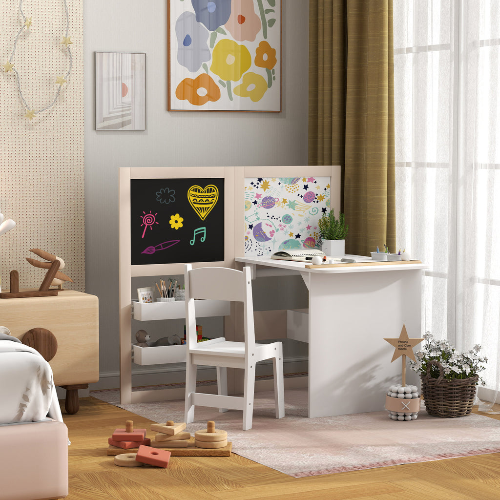 Table enfant avec chaise 3 en 1 avec chevalet pliable étagères de rangement, rouleau de papier - 3 à 8 ans, blanc