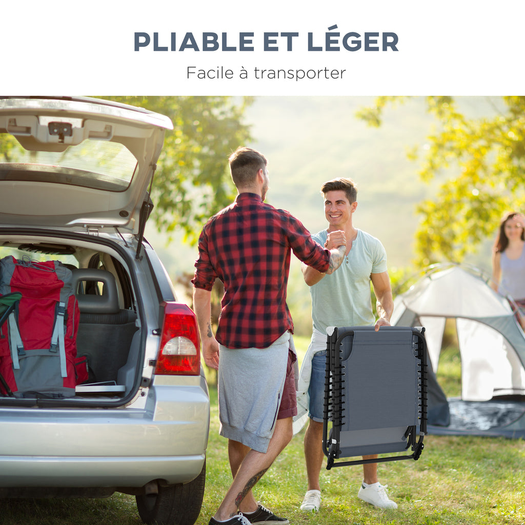 Bain de Soleil transat Pliable Dossier inclinable Multi-Positions Acier thermoplastique Lacets élastiques Noir