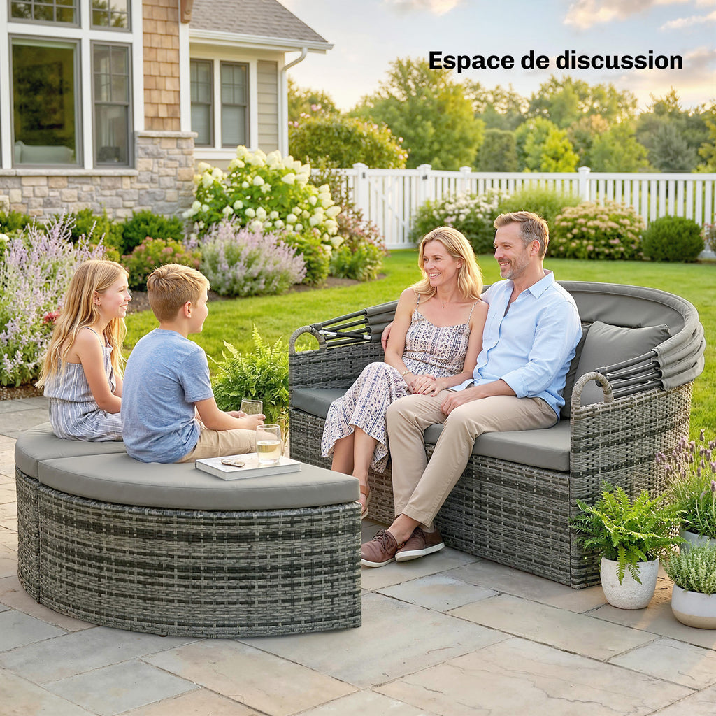 Bain de soleil rond, lit de jardin extérieur modulable 3 PSC en résine tressée avec auvent rétractable, gris clair
