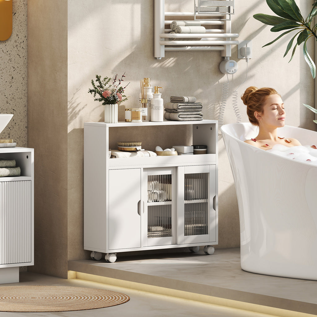 Meuble de Salle de Bain sur Roulettes, Portes en Verre Trempé, Compartiment Ouvert, Étagère Réglable, 71x20x70cm, Blanc