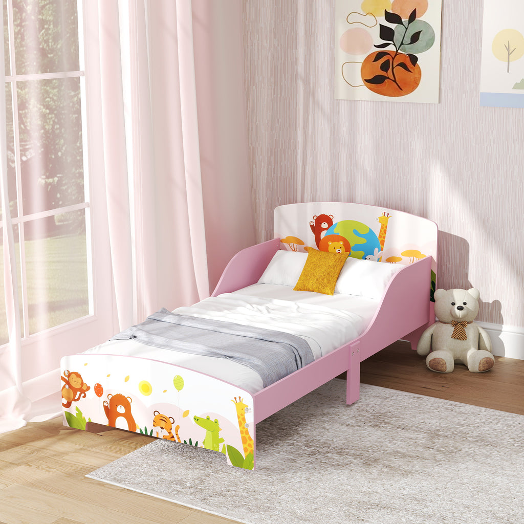 Lit Enfant 70x140 cm motif animal 140 x 70 cm avec sommier à lattes en bois design bas sécurisé rose