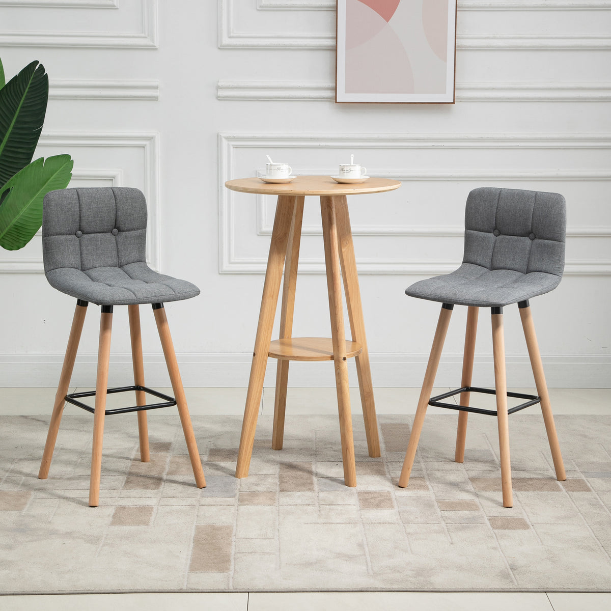 Lot de 2 tabourets de bar, chaises de bar capitonnées avec dossier et repose-pieds, pieds en bois, 41,5x47x97,5cm, gris